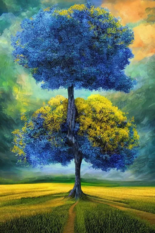 Prompt: giant!!! tree with blue leaves!! in the background!, fields in foreground, magical, fantasy, digital art, colorful, divine, painting