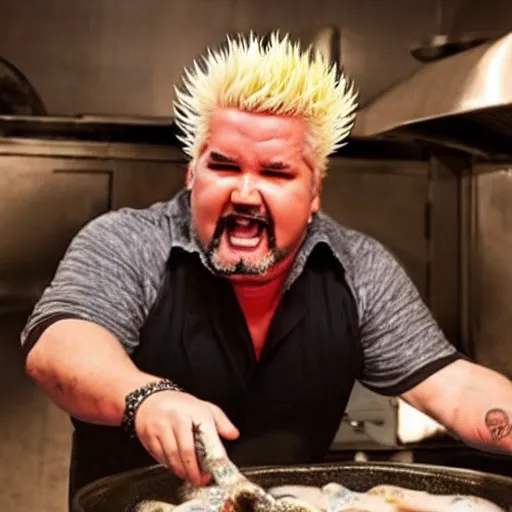 Prompt: guy fieri, turning into an eldritch horror with tentacles, bathing in a giant pan filled with boiling oil, film still from the movie directed by denis villeneuve with art direction by salvador dali