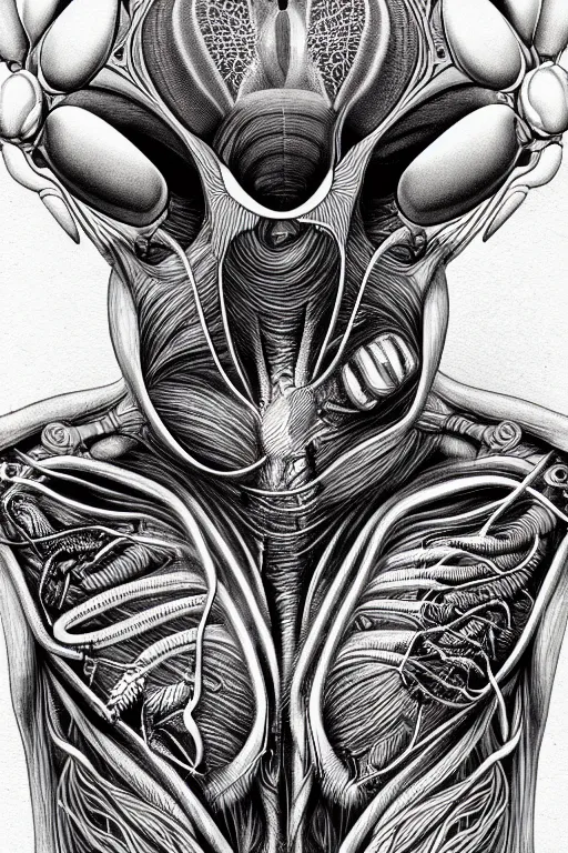 Prompt: psychedelic anatomically accurate diagram of alien animal, intricate parts, fine details, hyper realistic, by seichen, surreal
