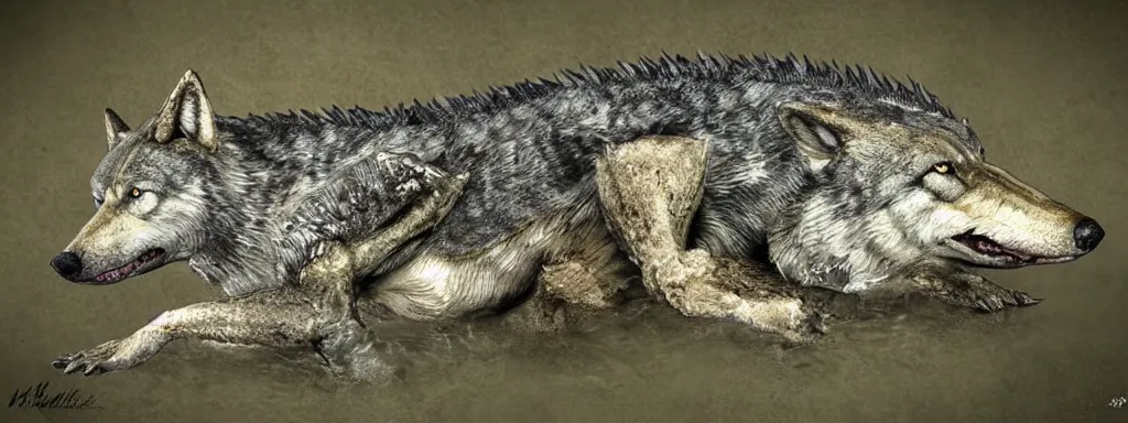 Image similar to chimera made of a wolf and a crocodile, photo of wolf, photo of crocodile, trending on deviantart, photo realism, realistic wood swamp, professional photoshop artwork utilizing professional photographs