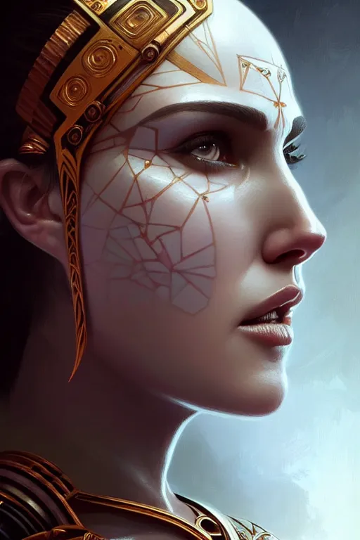 Image similar to symmetry!! portrait of natalie portman in the style of god of war, machine parts embedded into face, intricate, elegant, highly detailed, digital painting, artstation, concept art, smooth, sharp focus, illustration, art by artgerm and greg rutkowski and alphonse mucha, 8 k