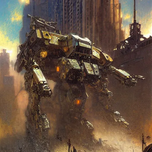 Image similar to six meters tall mech fighting in an urban environment, epic action scene, by gaston bussiere craig mullins jc leyendecker gustav klimt artgerm greg rutkowski john berkey, bergey, craig mullins, ruan jia, raymond swanland, jeremy mann, tom lovell, alex malveda, ray casting, hdr