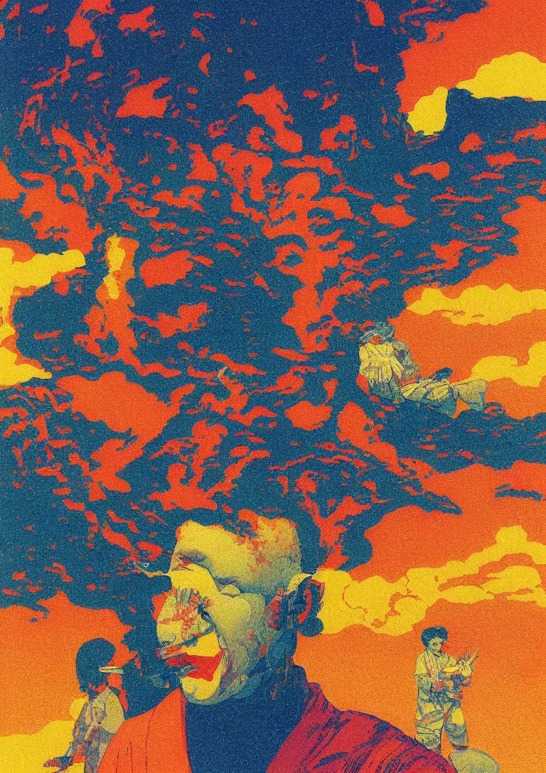 Prompt: a closeup portrait of a man eating a paper blotter tab of LSD acid and melting into a psychedelic landscape, tilt shift, risograph by kawase hasui, moebius, Edward Hopper and James Gilleard, Zdzislaw Beksinski, Steven Outram colorful flat surreal design, hd, 8k, artstation