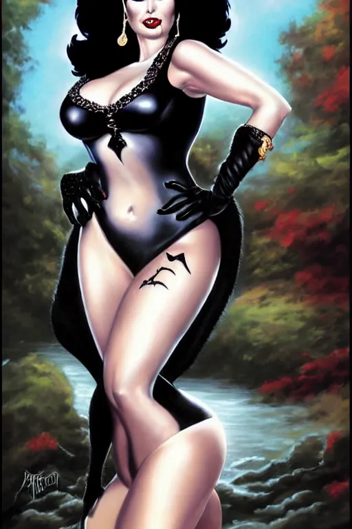 Prompt: a ( beautiful masterpiece highly detailed ) full body portrait illustration of intimate alluring elvira! mistress of the dark by ralph horsely and artgerm and joe jusko, raven black hair, porcelain white skin. bettie page, curvy. trending on artstation