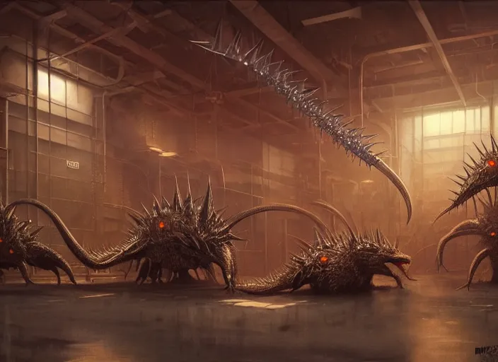 Prompt: scene inside a gas station with harsh fluorescent industrial lighting, giant monstrous aggressive spiked creature screaming at the camera, spikes like needles, needles, thin spikes, epic science fiction horror digital matte painting by Moebius and Mark Brooks (and Greg Rutkowski), extremely detailed, artstation