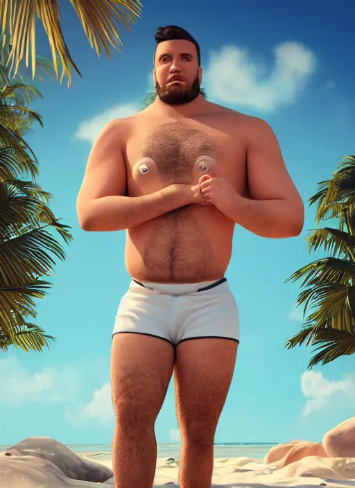 Image similar to 3 2 - year - old sporty man, short stubble, wearing tropical short sleeve shirt and speedo, character design, octane render, 8 k, portrait