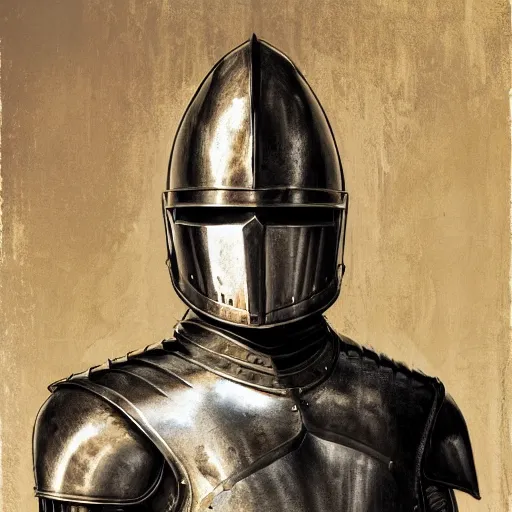Prompt: MCU portrait of a proud knight wearing plate armor and an armet helm, by Charles Sillem Lidderdale, 4k, brilliant, painterly, realism