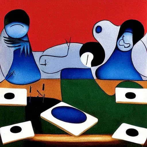 Image similar to by joan miro, by tony northrup in greece insane. a beautiful sculpture of a group of monkeys playing backgammon. the monkeys are seated around a table, with some of them appearing to be deep in concentration while others appear to be playing more casually.