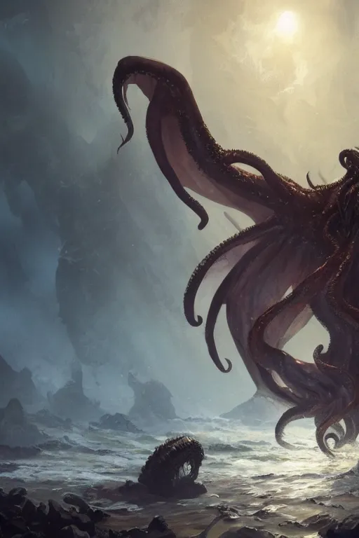 Image similar to cthulhu emerging from the ocean with wings spread, digital art, magic the gathering, a mountain walked or stumbled, mtg, by greg rutkowski, trending on artstation