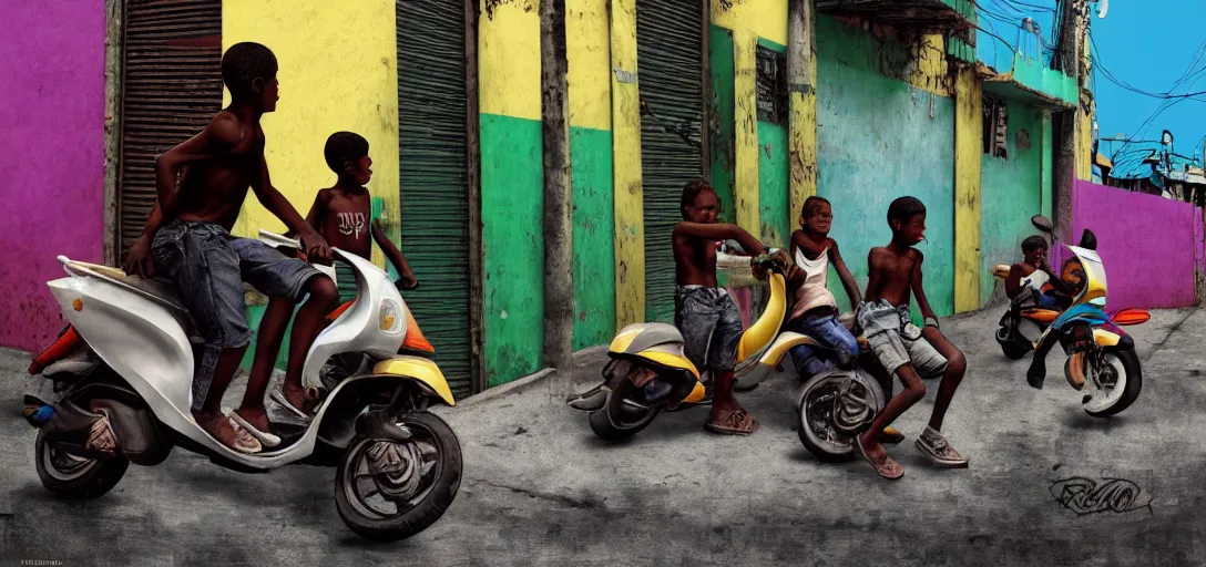 Prompt: a young favela black boys, riding on the moped scooter, on the street of rio de janeiro favela, digital illustration by ruan jia on artstation, colorful, rainbow, sunlight, soft lighting, insanely detailed and intricate, hypermaximalist, elegant, ornate, hyper realistic, super detailed, by akihito yoshida, by bob byerley