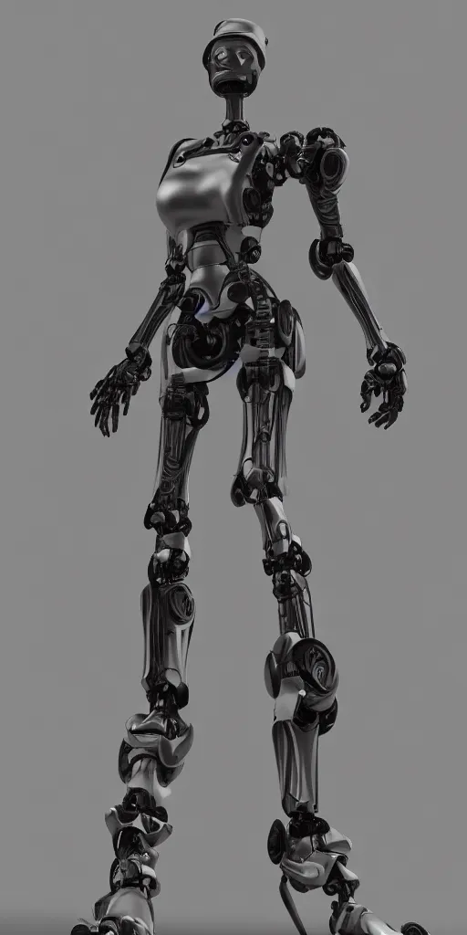 Image similar to a robot is standing in a black and white photo, a 3 d render by senior character artist, cgsociety, afrofuturism, hard surface modeling, cryengine, zbrush