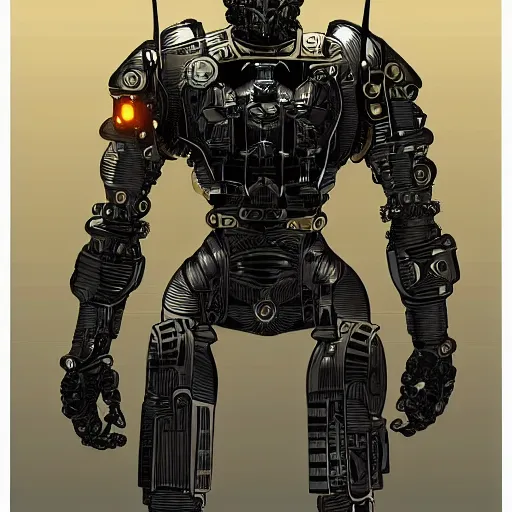 Prompt: a cyborg warrior in black mechanical armour by Moebius, 8k, detailed