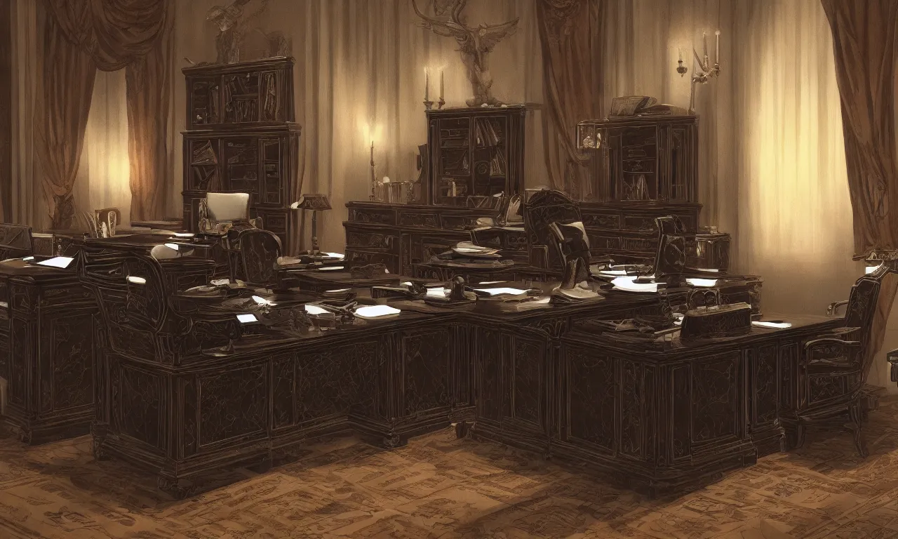 Image similar to demonic executive office with high back chair with onyx finishes, by asher brown durand, trending on artstation, 8 k resolution, dieselpunk, demonic symbols