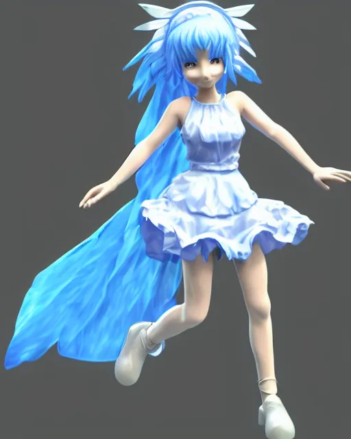 Image similar to full body 3d render of Cirno, studio lighting, white background, blender, trending on artstation, 8k, highly detailed