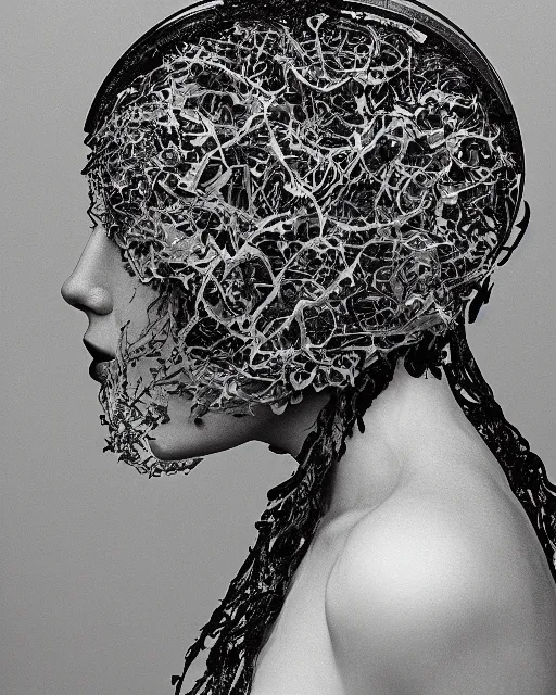 Prompt: a woman's face in profile, wearing a space helmet made of intricate delicate seaweed, in the style of the dutch masters and gregory crewdson, dark and moody