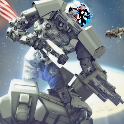 Prompt: Bernie Sanders riding a mechsuit in outer space with a plasma rifle