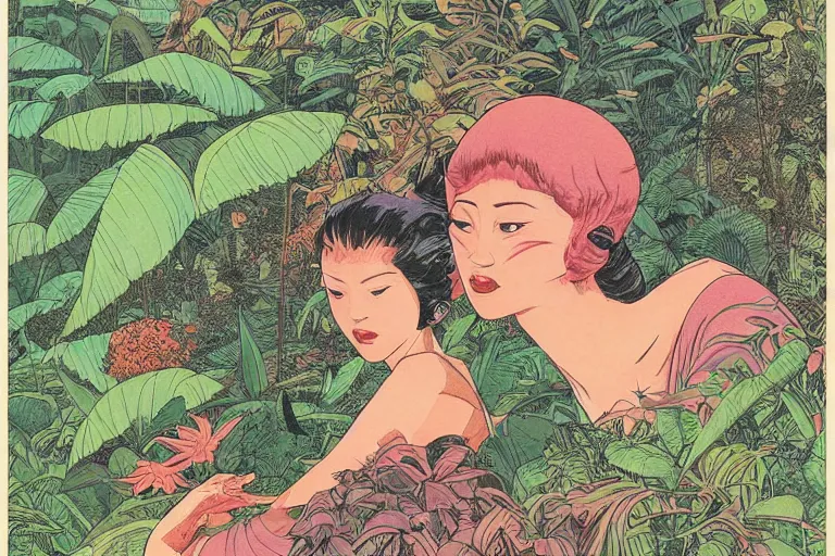 Image similar to gigantic woman head, a lot of exotic vegetation around, trees, flowers, risograph!, oldschool vintage sci - fi flat surreal design, super - detailed, fullshot, painting by moebius and satoshi kon