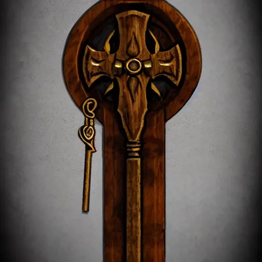 Image similar to a medieval wooden key for the doors, rpg game inventory item, Warcraft style, outer glow, solid background, trending on artstation