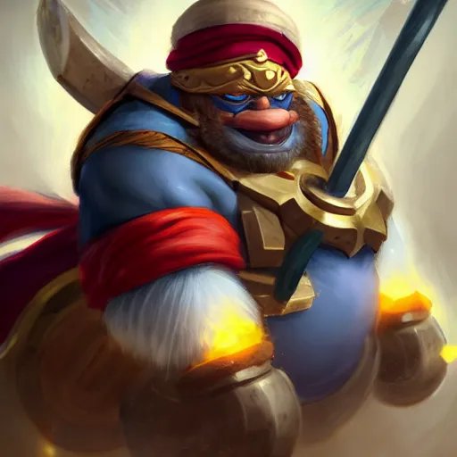 Prompt: king dedede holding his hammer. league of legends character art. digital illustration. hyper realistic. high quality. high resolution. 4 k. dynamic lighting. highly detailed. trending on artstation. ruan jia, wlop. scifi, fantasy, magic the gathering, hyper detailed, octane render, concept art, peter mohrbacher.