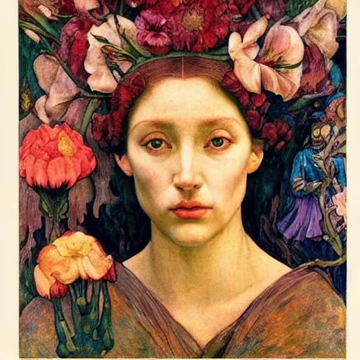 Image similar to flower queen, by annie swynnerton and tino rodriguez and nicholas roerich and jean delville and evelyn de morgan and lucien freud, dramatic lighting, floral tattoos, rich colors, smooth sharp focus, extremely detailed, adolf wolfli