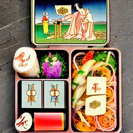 Prompt: bento box organised in the style of a tarot card, beautiful realistic photograph