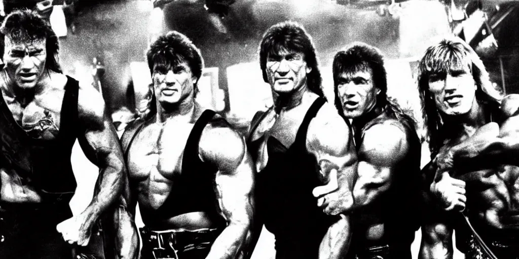 Image similar to photo off arnold schwarzenegger, sylvester stallone, dolph_lundgren, Chuck Norris and Jean-Claude Van Damme in a heavy metal band on stage 1985