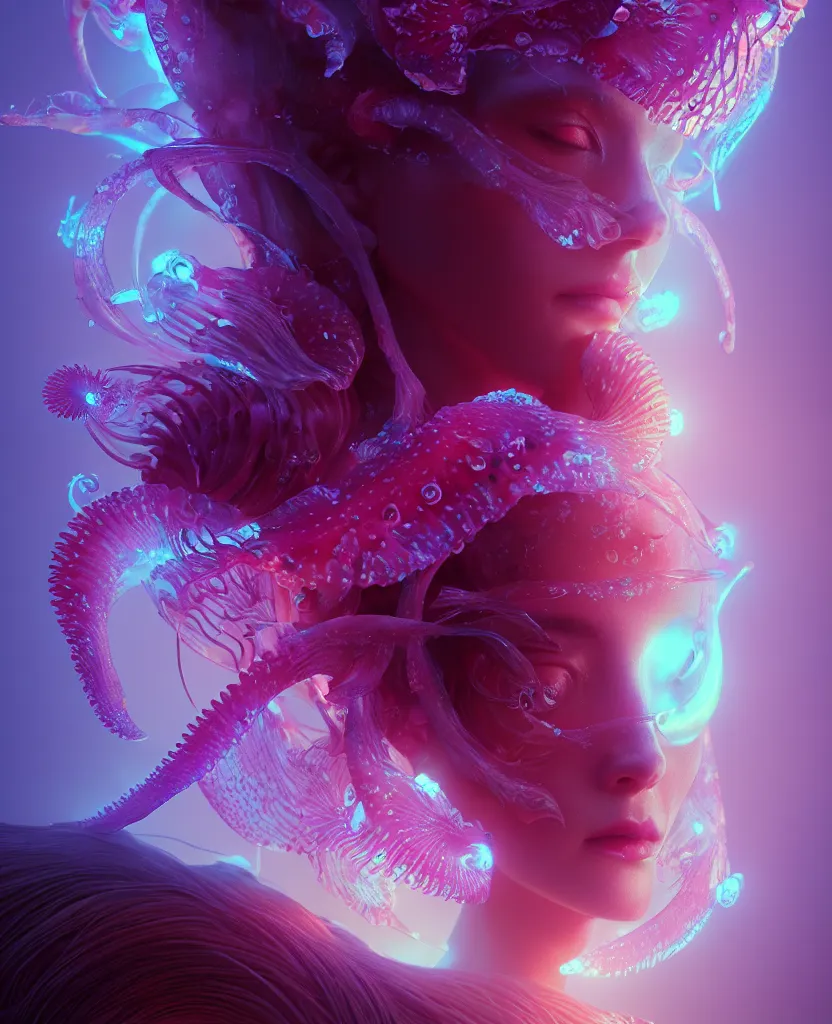 Image similar to goddess close-up portrait. orchid jellyfish phoenix head, nautilus, skull, betta fish, bioluminiscent creatures, intricate artwork by Tooth Wu and wlop and beeple. octane render, trending on artstation, greg rutkowski very coherent symmetrical artwork. cinematic, hyper realism, high detail, octane render, 8k