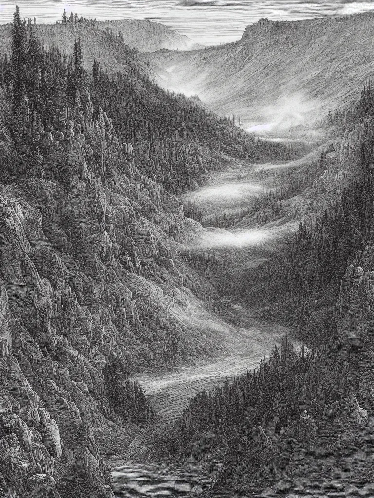 Prompt: an engraving of yellowstone national park by gustave dore and albrecht durer highly detailed, fog, depth, lithograph engraving