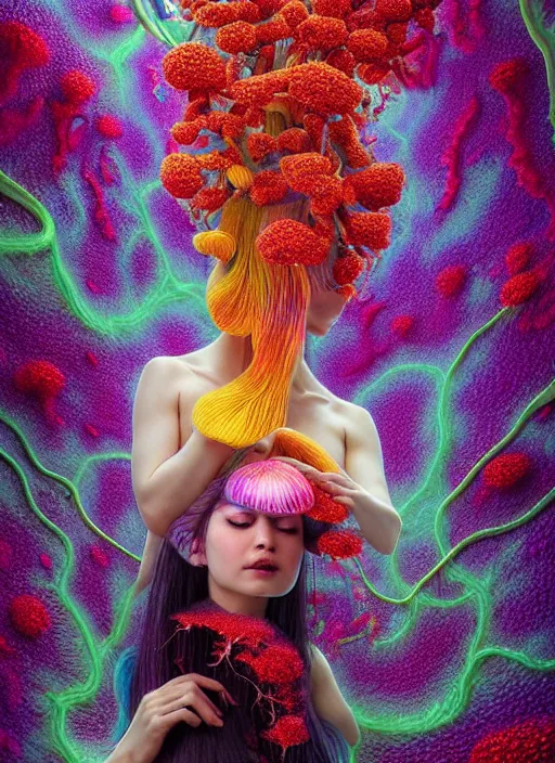 Prompt: hyper detailed 3d render like a Oil painting - kawaii portrait Aurora (black haired Fae acrobat) seen Eating of the Strangling network of yellowcake aerochrome and milky Fruit and Her delicate Hands hold of gossamer polyp blossoms bring iridescent fungal flowers whose spores black the foolish stars by Jacek Yerka, Mariusz Lewandowski, Houdini algorithmic generative render, Abstract brush strokes, Masterpiece, Edward Hopper and James Gilleard, Zdzislaw Beksinski, Mark Ryden, Wolfgang Lettl, hints of Yayoi Kasuma, octane render, 8k