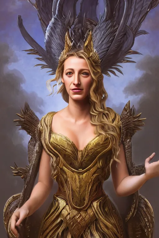 Image similar to A fantasy book style portrait painting of a hybrid, Blake Lively , Anya_Taylor-Joy, Cory Chase, as a Mystical Valkyrie, Anubis-Reptilian, Atlantean Warrior, François Boucher, Oil Painting, unreal 5, DAZ, hyperrealistic, octane render, Regal, Refined, Detailed Digital Art, RPG portrait, William-Adolphe Bouguereau, Michael Cheval, Walt Disney (1937), Steampunk, Volumetric Golden dappled dynamic lighting, Highly Detailed, Cinematic Lighting, Unreal Engine, 8k, HD