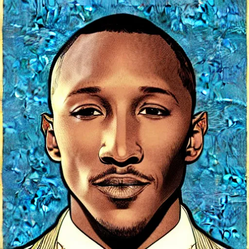 Image similar to mahershala ali portrait by louis - theophile hingre and alphonse mucha, realistic, sharp focus, zodiac signs, tarot cards, planets, ethereal, art nouveau, magic, moon, sun, crown, dreamy, royal, jewellery