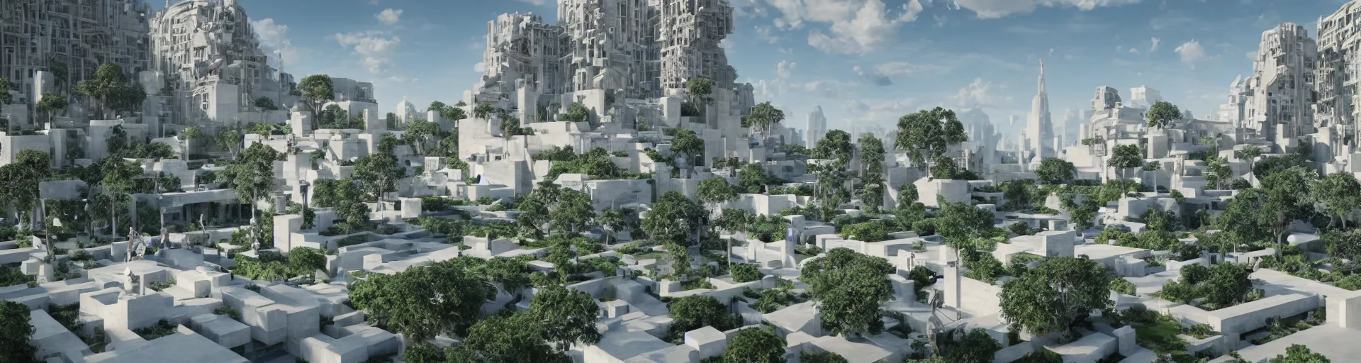 Image similar to geometric hanging garden based on the design of versailles in a megacity made of travertine brutalist temples, group of monks in blue robes wandering in the garden, large aluminum space elevators in the distance, sci-fi, blue sky with clouds, optimistic matte painting, concept art, style by syd mead, 8k, octane render