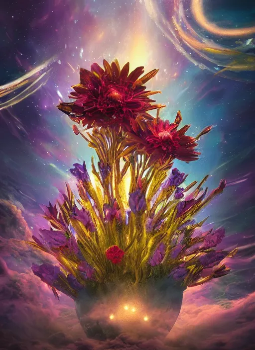 Image similar to An epic fantastic realism comic book style painting of the most beautiful entwined flowers launched across the dark galactic night sky, nebulous bouquets, fisheye lens, unreal 5, DAZ, hyperrealistic, octane render, dynamic lighting