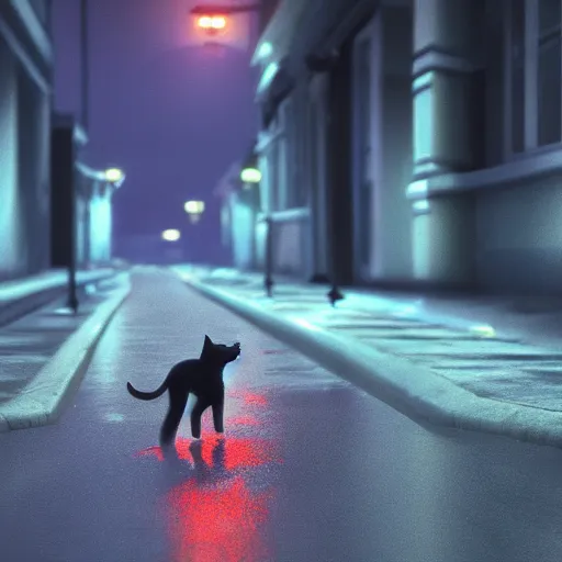 Image similar to kitten walks the empty street in a rainy day, led lights around the place, digital painting, ultra detailed, unreal engine 5,