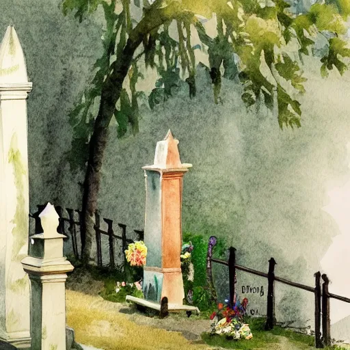 Image similar to water color on paper, walk in the cemetery, highly detailed, artstation, masterpiece, award - winning,