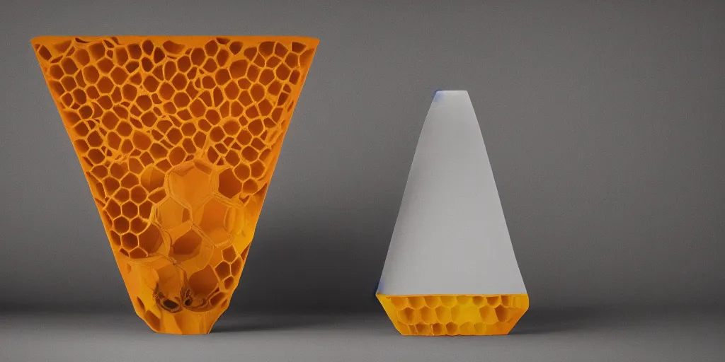 Image similar to honeycomb asymmetric melting big vase, on white background, 8k resolution, best color graded, vray beautiful, subsurface scatter, hyper-realistic render, octane render