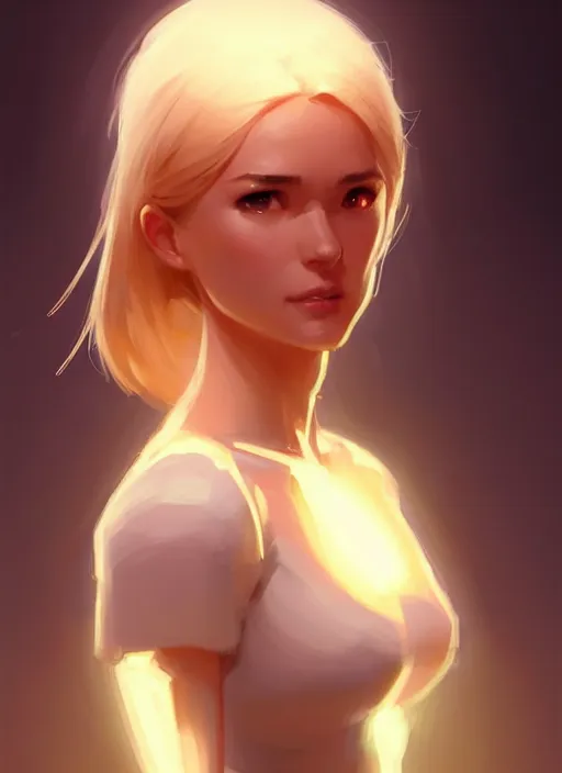 Image similar to digital character concept art by artgerm greg rutkowski sylvain sarrailh. clear portrait of a shy modern wife blessed by god to grow immaculately fertile and perfect!! blonde, in clothes! holy body! light effect. hyper detailed, glowing lights!! intricate, elegant, digital painting, artstation, smooth, sharp focus