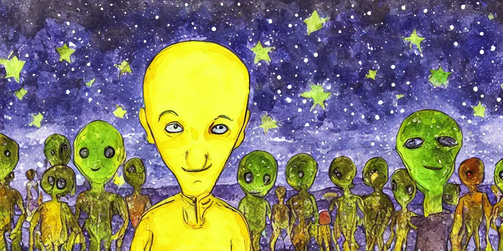 Image similar to a big head alien is watching a small people, background is starry sky, panorama, watercolor painting