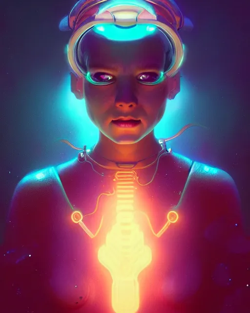 Image similar to one singular portrait of a cute bioluminescent creature, pulp scifi, highly detailed, digital painting, moody cinematic lighting, hyperrealism, dark retrowave, art by stanley lau and artgerm and magali villeneuve and alphonse mucha, artstation, octane render, cgsociety