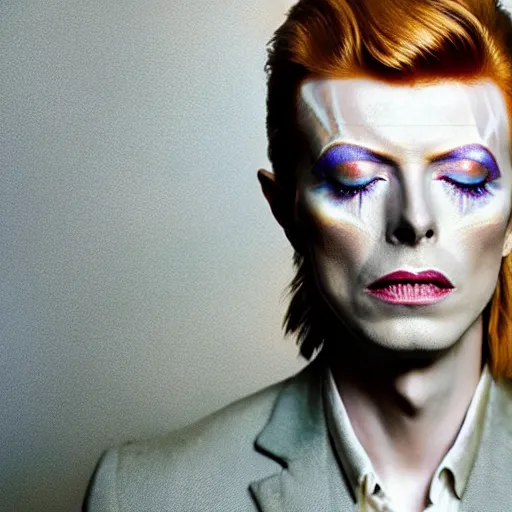 Image similar to a picture of a fresh apricot painted with david bowie's lightning make - up