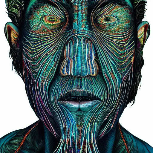 Image similar to dark portrait of one Bioluminescent old shaman, with cracked reaction diffusion semi-transparent skin. multicolored fish scales, closeup. long dark hair with insects. realistic. intricate, very detailed, by alex grey and Moebius