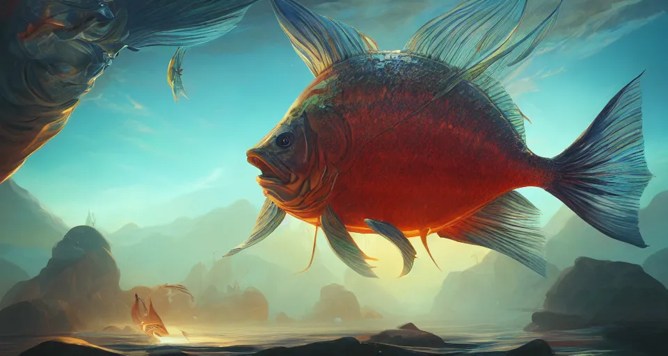 Prompt: a beautiful painting of a giant fish man, gigantic, octane render, brilliantly coloured, intricate, ultra wide angle, trending on artstation, dusk, volumetric lighting, polished, micro details, ray tracing, 8k