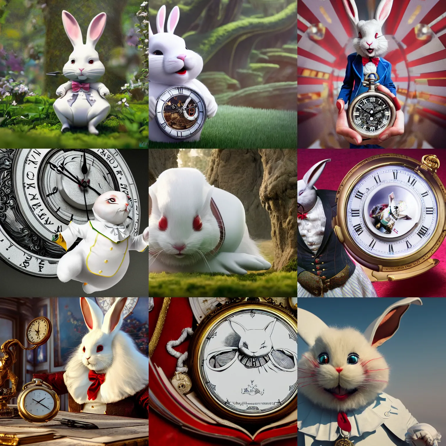 Prompt: a wide angle shot of the white rabbit from 'Alice in Wonderland' wearing the face of John Bolton, U.S. National Security Advisor , holding a pocket watch ,hyper-realistic, sharp focus, highly detailed, depth of field, High definition, 8k, octane render, artstation