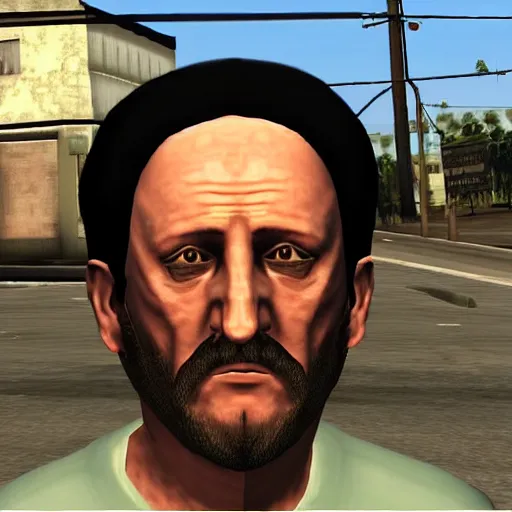 Image similar to Mike Ehrmantraut in Grove Street, screenshot from the PS2 version of GTA San Andreas