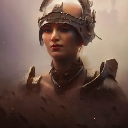 Image similar to cinematic shot epic portrait an female survivor wearing armor made out of bronze and scrap, broad light, ambient occlusion, volumetric light effect, made by ivan aivazovsky, peter mohrbacher, greg rutkowski, matte painting, trending on artstation, 4 k, perfectly defined features, digital painting, cinematic, epic, highly detailed,