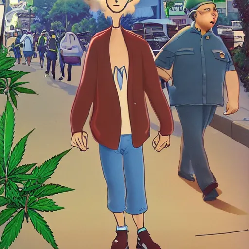 Image similar to Cannabis leaf character goes for a walk past an Australia suburban cafe. cartoon character illustrated by Ralph McQuarrie