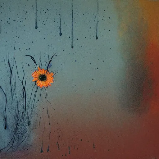 Prompt: minimalist epic floral composition of deadly silence, flowers, intense emotion, powerful painting, gritty feeling, raining, imagining a blissful fate, hope, anger, rage, willing, deconstructed, chaotic, expressive, neo-expressionism, by Francis Bacon, by Beksinski, by Abbas Kiarostami, by Kurosawa, by Hokusai, war photography, colorful, dreams, photojournalism, korean movie, masterpiece, elegant