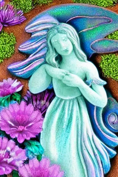 Image similar to fairy floral angel garden, pastels, iridescent aesthetic, symmetrical