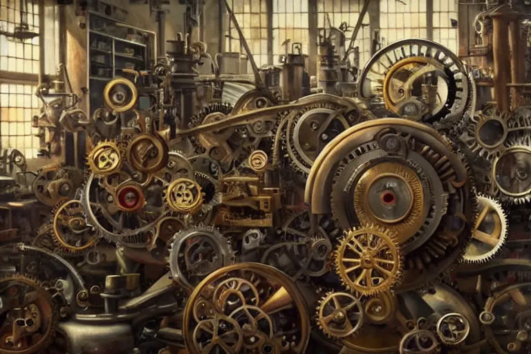 Image similar to ( ( a beautiful 8 k photorealistic masterpiece oil painting ) ( of ( a lot of detailed cogs and complex machinery while tons of people on the background ) ) ) ( hyperrealism ) ( 1 6 k ) ( trending on artstation )