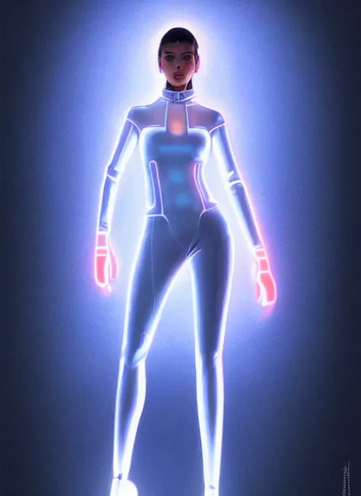 Image similar to portrait of modern female humanoid, transparent tight clothes, very futuristic, elegant, cyber neon lights, highly detailed, digital photography, trending in artstation, trending in pinterest, glamor pose, concept art, smooth, sharp focus, art by artgerm and greg rutkowski